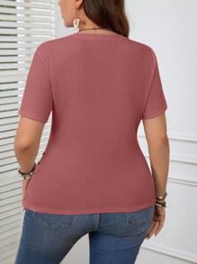 SHEIN LUNE Áo thun ngắn tay cổ chữ V có kích thước lớn dành cho nữ, mùa hè - Gỗ đỏ - Xem 2