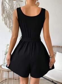 SHEIN Holidaya Solid Color Square Neck Backless Belted Sleeveless Jumpsuit For Summer - Black - View 2