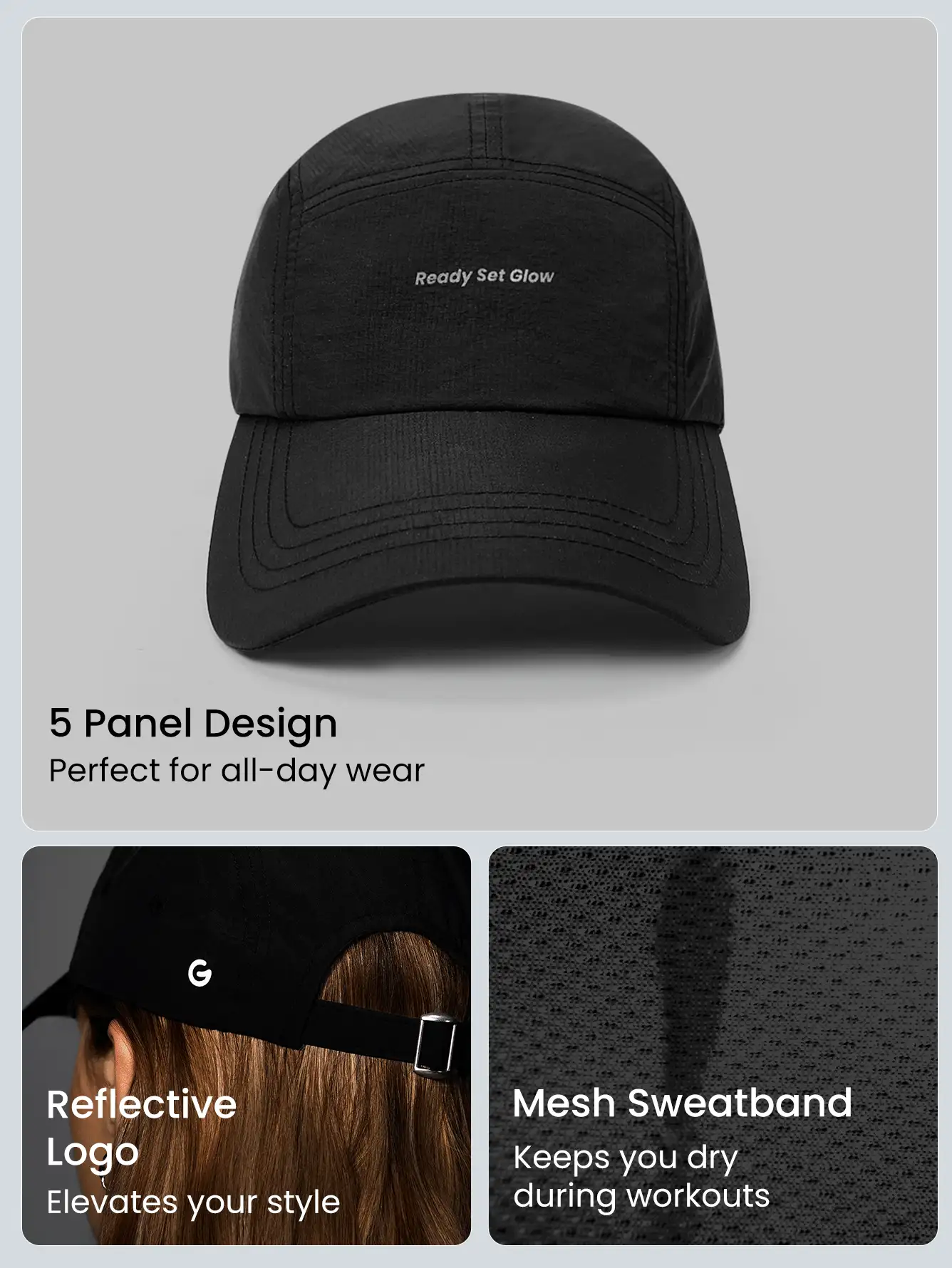 GLOWMODE輕質排汗耐水五片式帽，手縫反光標識，適用於運動、日常和休閒 - 黑色 - 查看 4