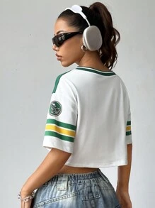StreetHx Personalized Color-Block Short Ribbed Sporty Casual T-Shirt Graphic Tees Women Tops - Dark Green - View 2