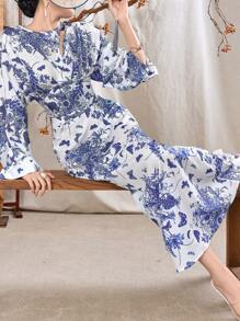 Modelyn Top à manches longues avec encolure ronde et jupe femme, imprimé tout-over, style élégant, 2 pièces, ensemble d'été