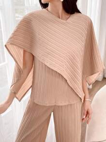 Mulvari Women's Solid Color Casual Daily Wear Two-Piece Set, Top And Pants - Khaki - View 1