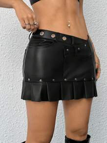 SHEIN ICON Y2k Slim-Fit PU Asymmetrical Waist And Eyelet Studded Decor Women's Skirt Black Mini Skirts Back To School Clothes Rave Festival Concert Outfits - Black - View 4
