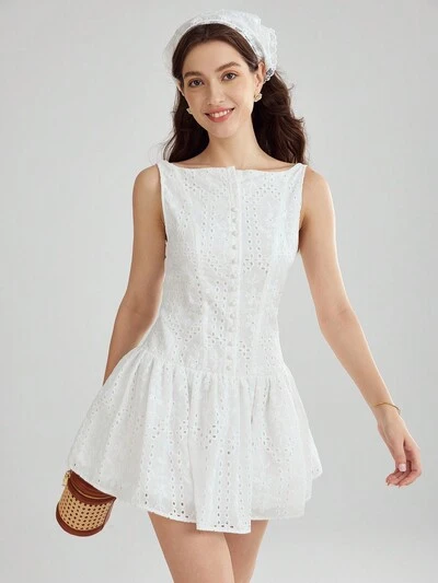 SHEIN X Gi Lancellotti Spring And Summer Romantic Women's White Delicate Floral Eyelet Hollow Embroidery Sleeveless Cute Mini Dress, Sweet, Elegant And Fashionable, Suitable For Birthdays, Holiday Parties, Sweet Dates, Daily Commuting, Vacation, Graduation Season And Wedding Season, Women's Summer Clothing, Elegant Dress