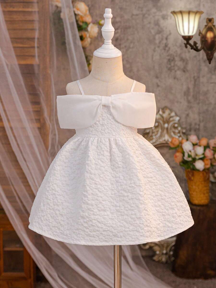 SHEIN Cute Solid Color Texture Spliced Organza Cami Dress For Baby Girls, Summer - White - View 1