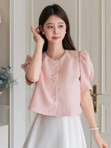 DAZY 1pc Women's Solid Color Short Sleeve Blouse, Simple & Fashionable Casual Shirt For Everyday Wear, Valentine's Day Summer