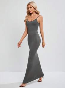 SHEIN Tall Vestido largo tipo camiseta ajustado al Body en color negro con alta elasticidad - Gris Oscuro - Ver 3