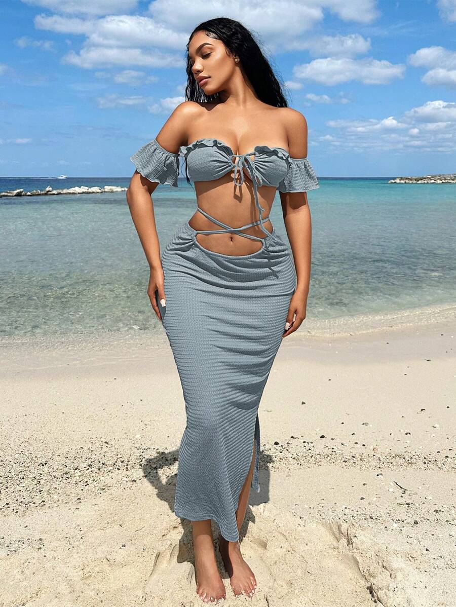 SHEIN SXY 女式中空花邊短袖綁帶連衣裙套裝，夏季度假沙灘休閒妖精般飄逸性感波希米亞風格生日派對女士穿搭五彩綴條紋 - 霧霾藍 - 查看 1