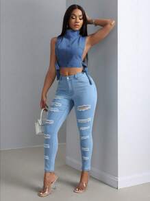 SHEIN SXY Ladies' Sexy Stand Collar Side Slit Sleeveless Cropped Denim Top, Summer