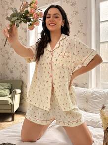 CottageSlumber Plus Ditsy Floral Print Contrast Piping PJ Set / Pajama Set Cozy And Elegant Details - Beige - View 2