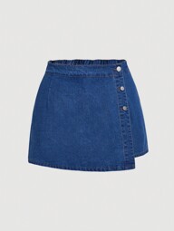 SHEIN MOD Plus Size Dame Asymmetrisk Denim Skort med Knapper Foran