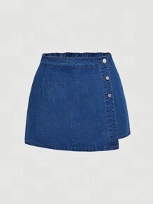 SHEIN MOD Plus Size Women's Asymmetrical Button Front Casual Denim Skort - Dark Wash - View 1