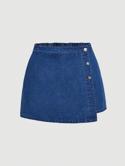 SHEIN MOD Plus Size Women's Asymmetrical Button Front Casual Denim Skort