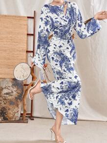 Modelyn Top à manches longues avec encolure ronde et jupe femme, imprimé tout-over, style élégant, 2 pièces, ensemble d'été