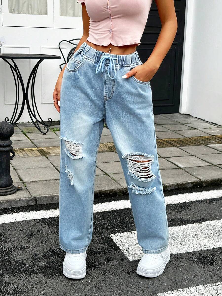 SHEIN PETITE Women's Drawstring Waist Ripped Straight Wide-Leg Denim Jeans - Blue - View 1