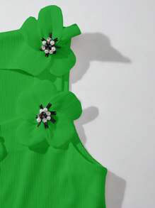 SHEIN Unity 女士優雅修身圓領背心上衣，3D花卉裝飾，夏季款 - 綠色 - 查看 5