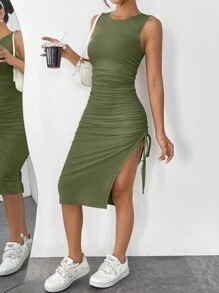 SHEIN EZwear 綠色針織無袖女性緊身連身裙 - 軍綠色 - 查看 3