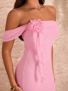 SHEIN BAE Vestido largo de sirena rosa con cuello de corazón sexy y romántico con decoración de flores 3D, ideal para vacaciones de verano en la playa y citas románticas. Con volantes y efecto reductor para mujeres - Rosa - Ver 4