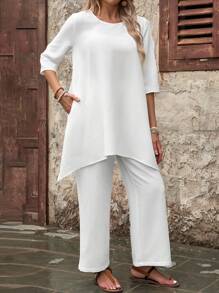 EMERY ROSE Women's Summer 3/4 Sleeve Shirt And Long Pants Set - White - View 3