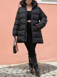 EURMUSE Plus Size Zip Up Drawstring Hooded Puffer Coat, For Winter - Black - View 5