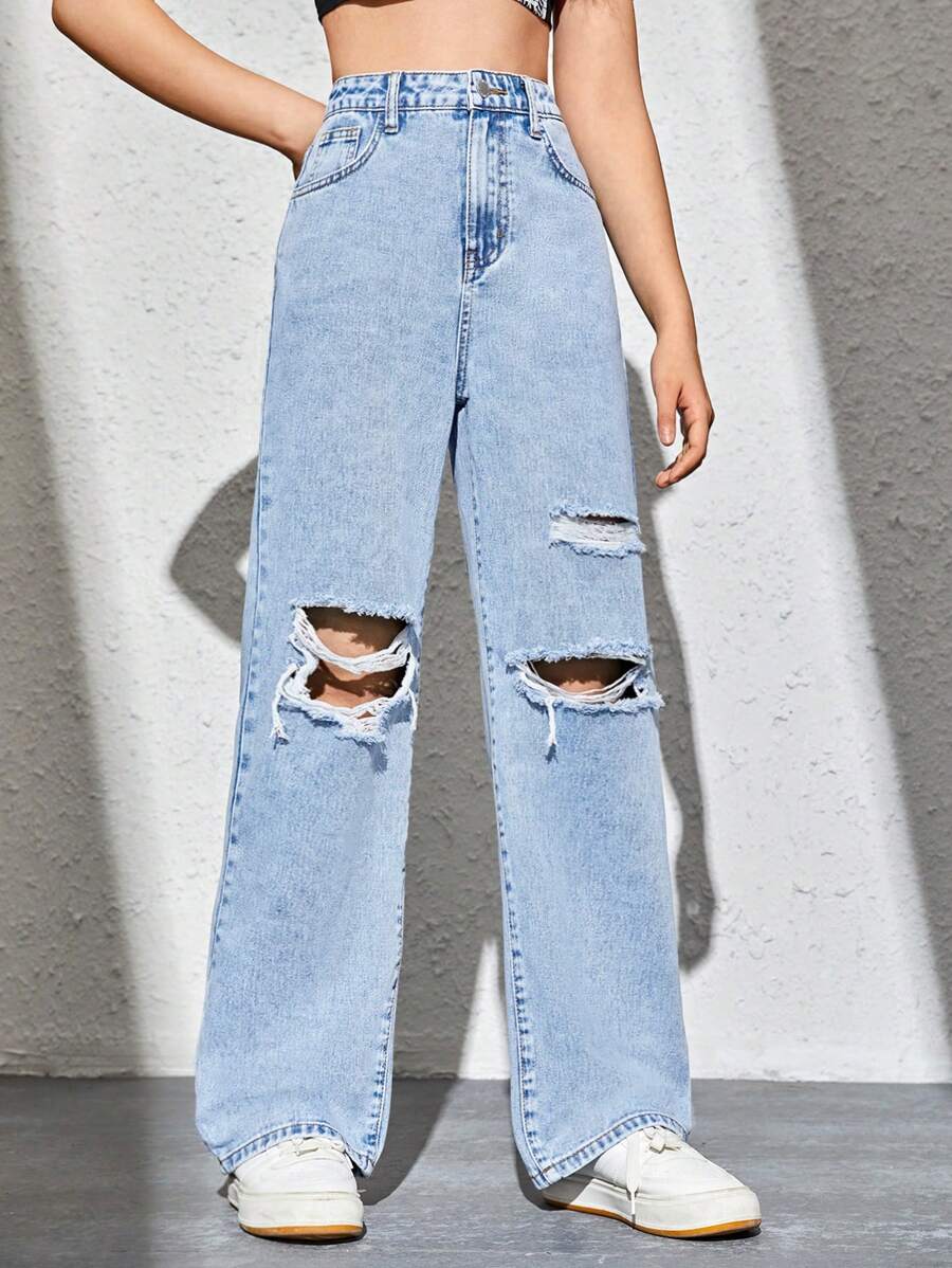 SHEIN 少女夏季休閒直筒牛仔褲,帶有破洞效果 - 淺色水洗藍 - 查看 1