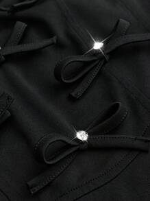 SHEIN Unity 女款純色褶皺、鑽石和蝴蝶結裝飾的露肩夏季裙 - 黑色 - 查看 4