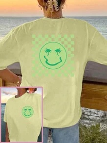 INAWLY Camiseta de mujer de moda casual de verano con estampado de cuadros y dibujos animados para vacaciones