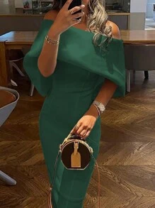 外贸爆款女独立立领过肩修身开叉连衣裙包臀鸡尾酒会礼服，优雅半正式婚礼宾客礼服，适合生日，毕业典礼，晚宴，返校节 - 墨綠色 - 查看 3