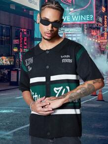 Manfinity Roghcode Sudadera de punto sencilla para hombre con diseño impreso y bloqueo de color