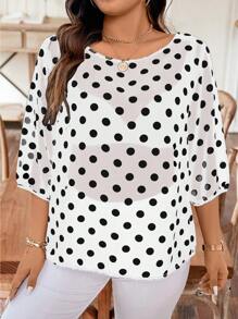 SHEIN Clasi Plus Size Women's Polka Dot Printed Shirt With Bow Decoration - Black and White - View 2