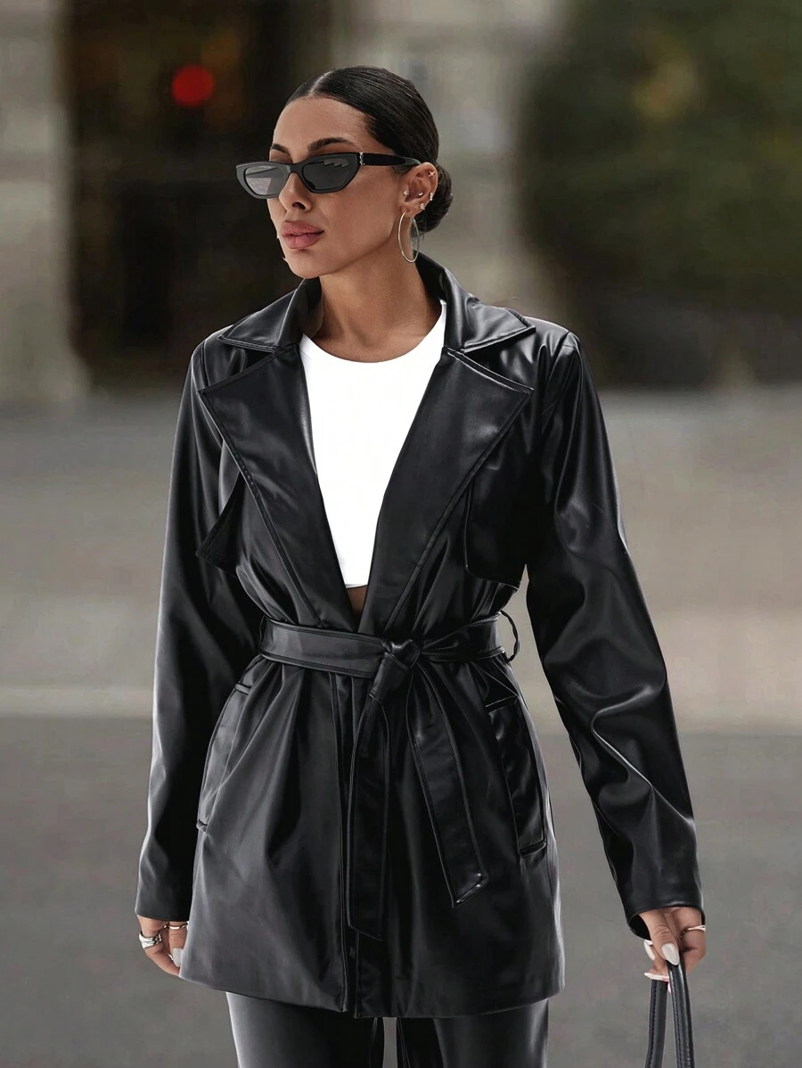 RueChic Tie Detail Leather Jacket - Black - View 1