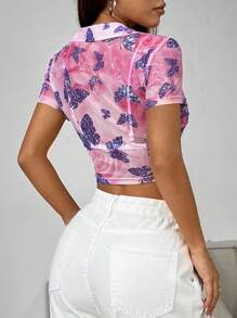 SHEIN EZwear 女士性感蝴蝶印花扭結前短上衣，夏季 - 彩色 - 查看 2