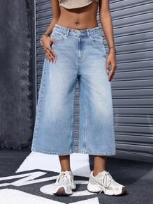 SHEIN EZwear Quần denim dáng rộng cạp cao có túi cho nữ - Rửa nhẹ - Xem 4