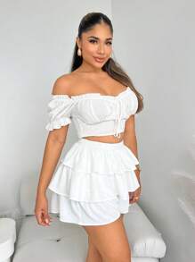 SHEIN SXY Shorts sueltos de imitación de lino blanco con capas de volantes para mujer