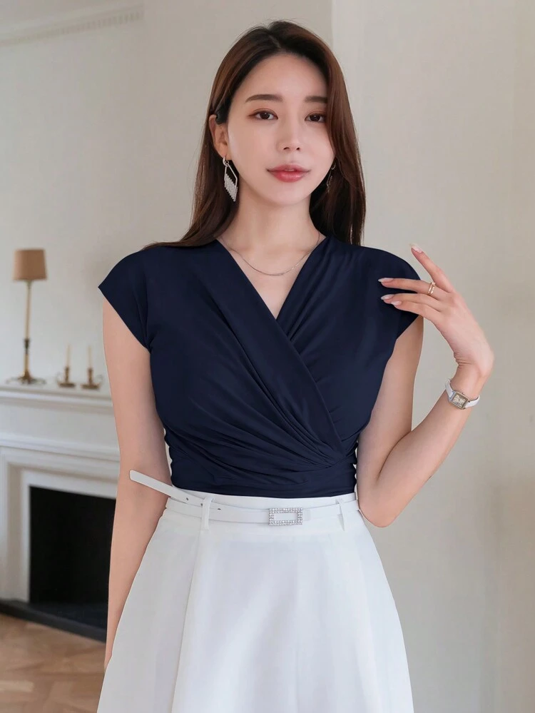 Women's Summer Solid Color V-Neck Crossed Pleated T-Shirt