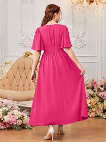 SHEIN Vestido cruzado en línea A para adolescente con cintura fruncida, cuello solapado, manga corta y dobladillo largo, perfecto para vacaciones / salidas informales - Rosa Fucsia - Ver 2