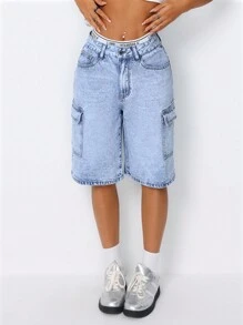 SHEIN ICON Fashionable Denim Shorts With Pocket Design, Washed - Light Wash - View 4