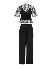 Chiquease Women's Summer Elegant Floral Mesh Short Sleeve Top And Long Pants Set - Black - View 1