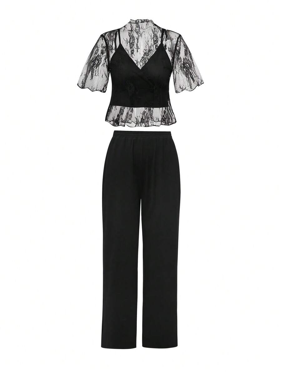 Chiquease Women's Summer Elegant Floral Mesh Short Sleeve Top And Long Pants Set - Black - View 1