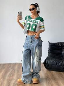 StreetHx Personalized Color-Block Short Ribbed Sporty Casual T-Shirt Graphic Tees Women Tops - Dark Green - View 5