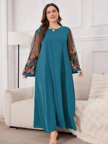 Al Najma Plus Size Nữ Đơn giản Mặc hàng ngày Quần áo trang trí thêu Ả Rập - Màu xanh lam - Xem 3