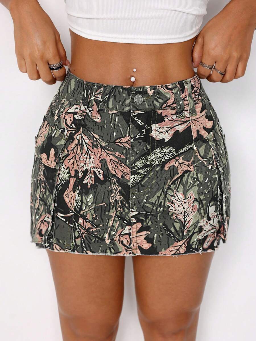 SHEIN ICON 洗水工裝印花牛仔裙 - 彩色 - 查看 1