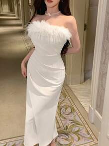 DAZY 露肩修身鱼尾中长派对连衣裙，适合女士、生日、新年、舞会、返校节等场合，优雅女装 - 米色 - 查看 5