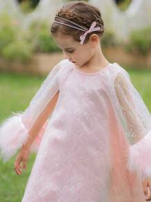 SHEIN Glamorique Kids 女孩閃爍水晶珠綴飾紗裙披肩，毛皮拼接和網狀裙裝，適合派對 - 粉色 - 查看 3