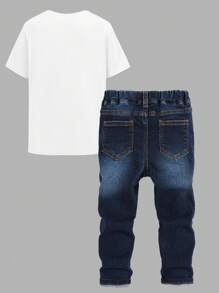 Tween Boy 2入組運動休閒街頭風格高彈力牛仔褲和寬鬆舒適T卹 - 彩色 - 查看 2