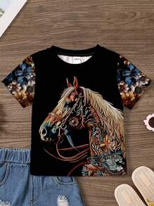 SHEIN Leap Crew Tween女孩休閒簡約卡通馬印花短袖圓領T恤，適合夏天 - 黑色 - 查看 2