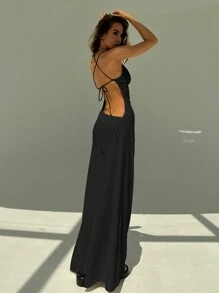 Aloruh Vestido largo blanco de tirantes spaghetti sin espalda y con escote profundo y ajustado con pliegues para mujeres - Negro - Ver 6