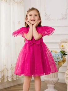 SHEIN Young Girl Woven Net Solid Color Elegant Organza Short Sleeve Party Dress With Bowknot And Waist-Cinching Design - Hot Pink - View 2