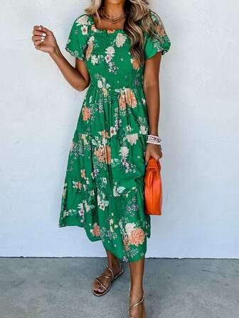 Printed Chest Shirred Layered Ruffle Women's Dress