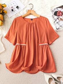 SHEIN LUNE Plus Size Women's Loose Fit Casual Short Sleeve Round Neck Shirt For Summer - Orange - View 1